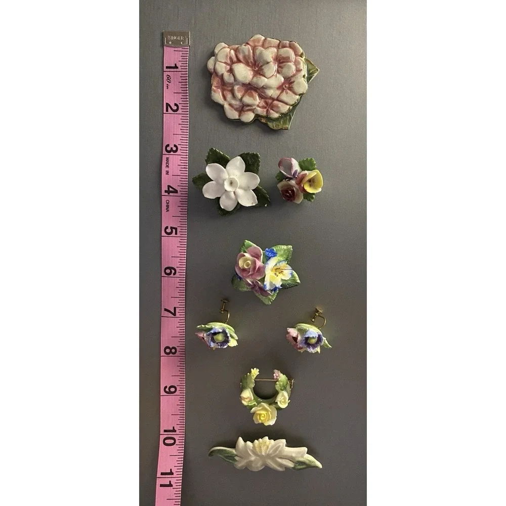 VTG Denton England & Porcelain Flower Floral Brooch Pin Screw Back Earrings Lot